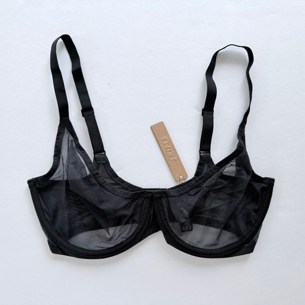 SKIMS 34DDD Ultra Fine Mesh Scoop Sheer Unlined Bra Black NEW - Picture 2 of 5